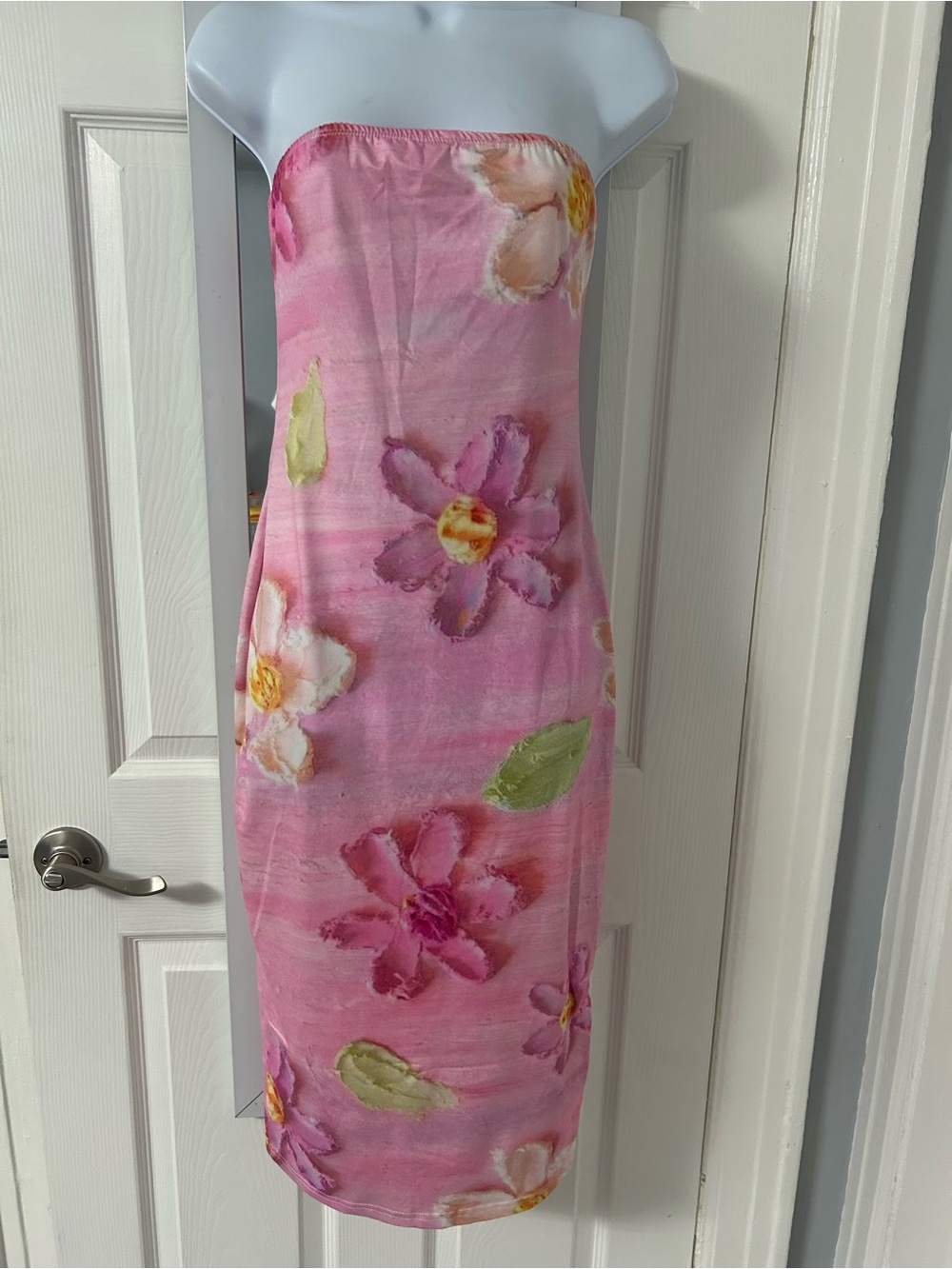 Strapless Pink Floral Midi Dress